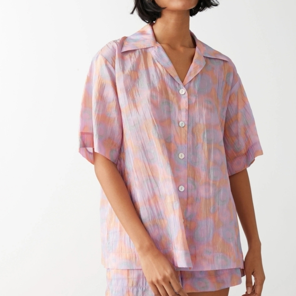 & Other Stories Boxy Short Sleeve Button Blouse Crinkle Pink Orange Blue Size 4 - Picture 14 of 14